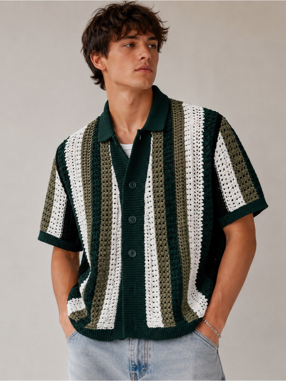 BDG Crochet Knit Striped Button Front Shirt Cardigan Size Large